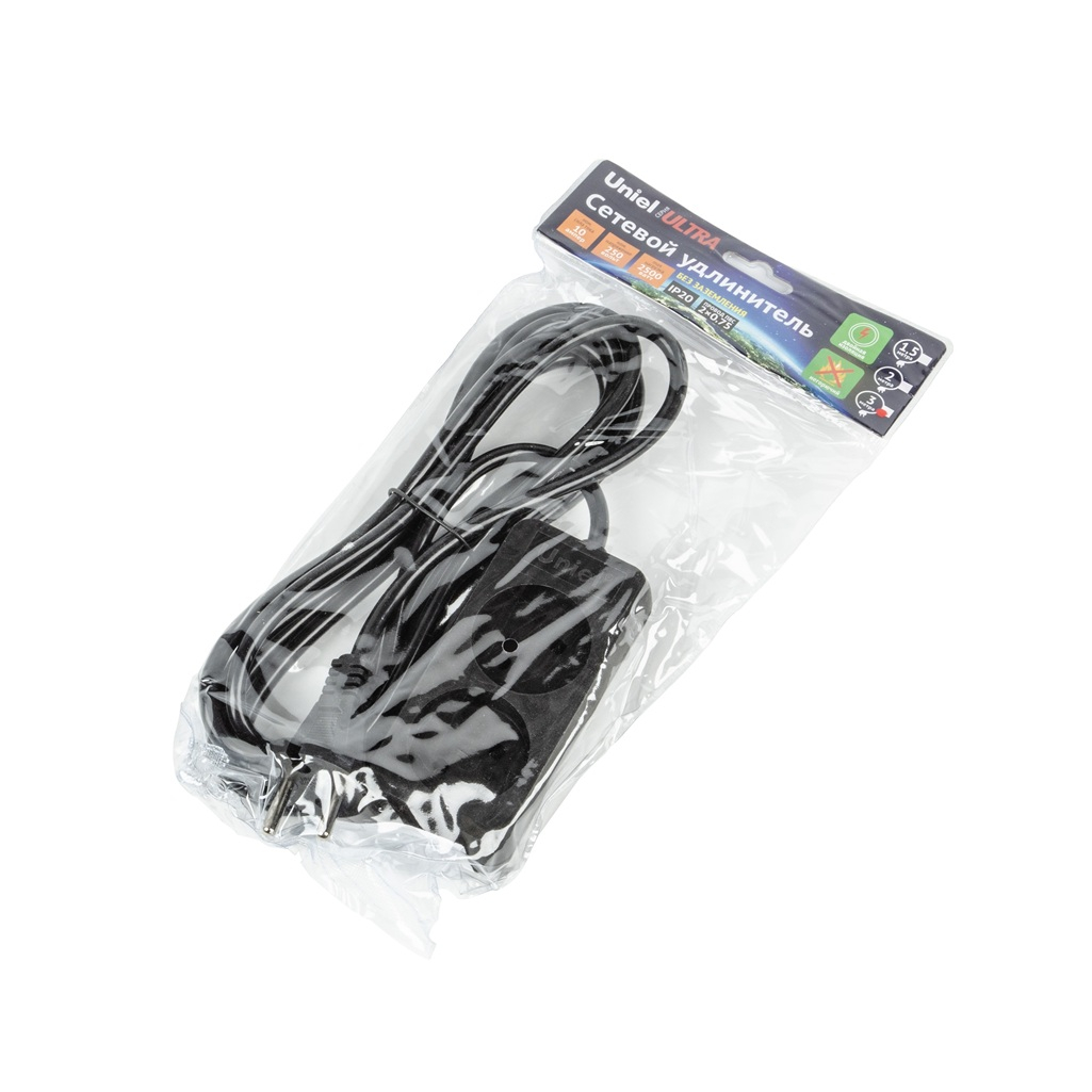 Удлинитель Uniel Ultra S-CU2-3 Black ПВС, без заземления, 2 розетки, 3 м, 2.5 кВт