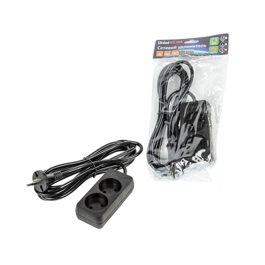Удлинитель Uniel Ultra S-CU2-3 Black ПВС, без заземления, 2 розетки, 3 м, 2.5 кВт