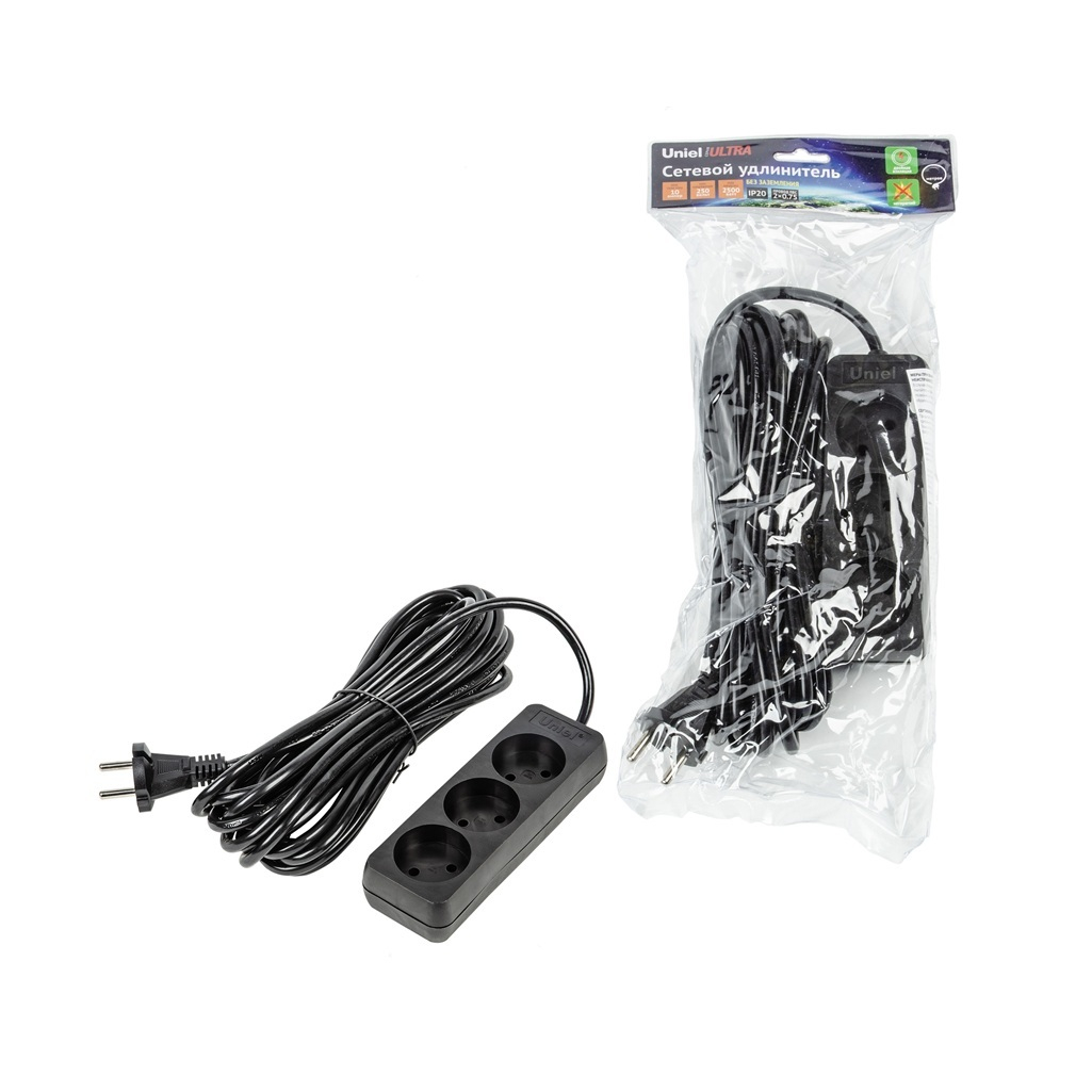 Удлинитель Uniel Ultra S-CU3-5 Black ПВС, без заземления, 3 розетки, 5 м, 2.5 кВт