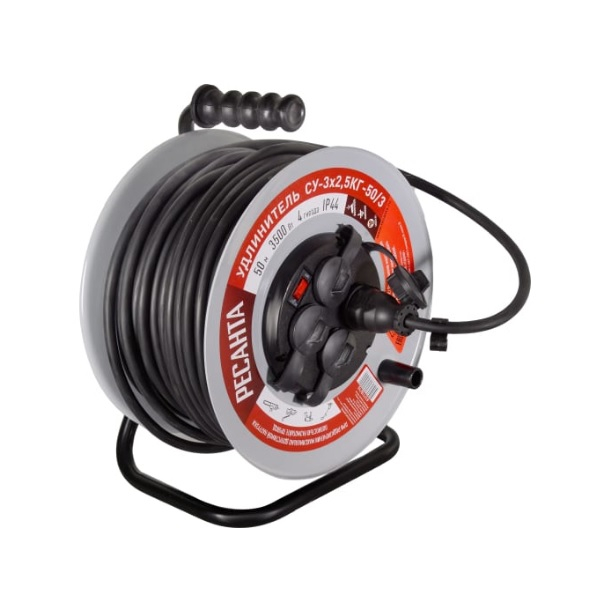 Удлинитель Ресанта СУ-3х2,5КГ-50/3, 61/118/10, с заземлением, 4 розетки, 50 м, 3.5 кВт, на катушке