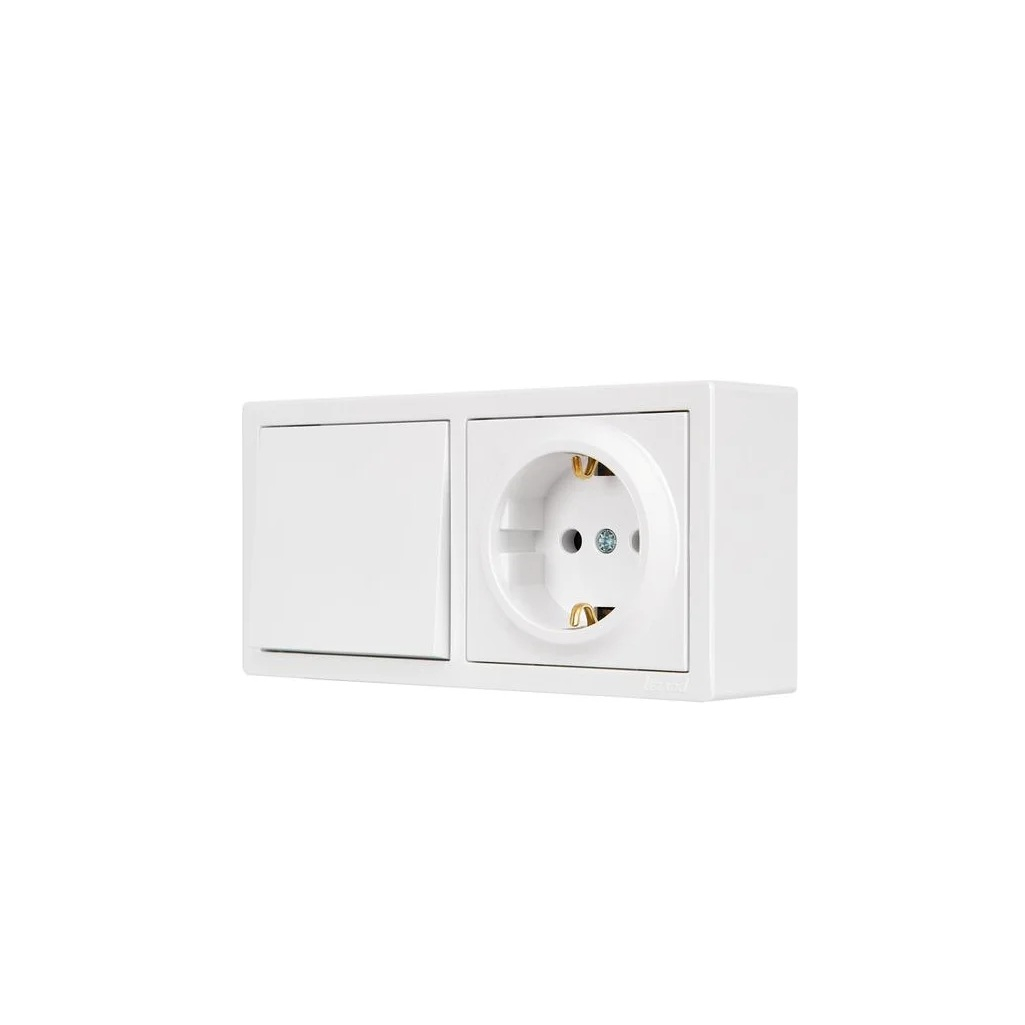 Блок: розетка с заземлением+выключатель одноклавишный Lezard  Leto 752 0200-170BAP накладной, белый