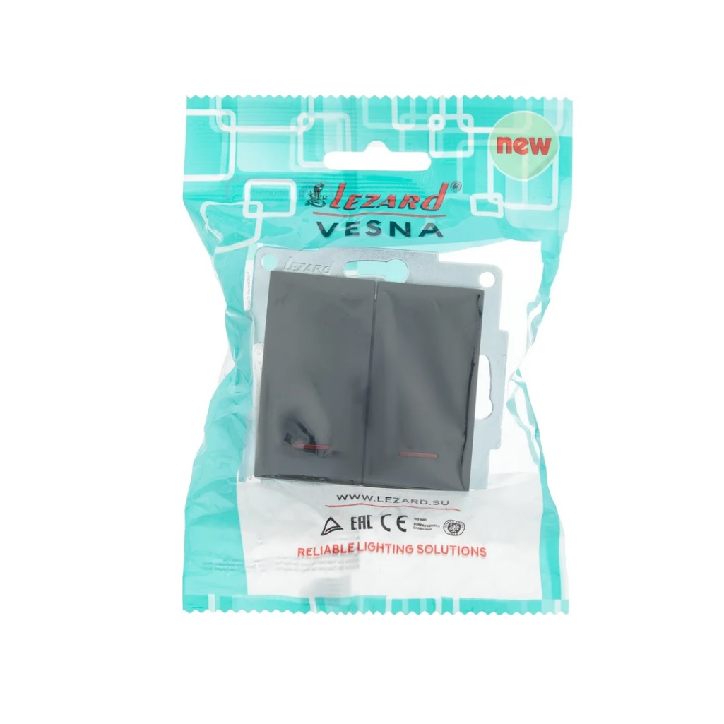 Выключатель двойной с подсветкой Lezard Vesna встраиваемый механизм, чёрный бархат, 742-4288-112