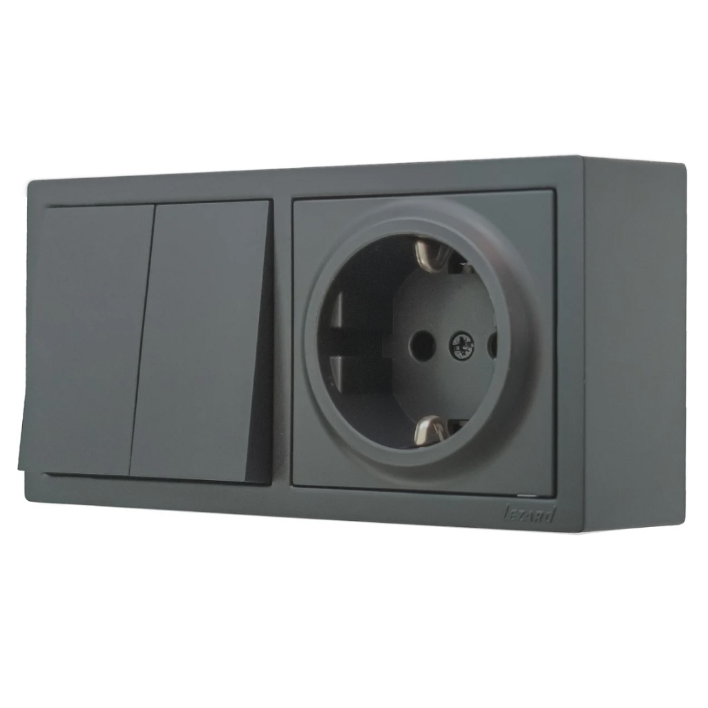 Выключатель двойной и розетка Lezard Leto 752-3400-170BKP, с заземлением, накладной монтаж, графит
