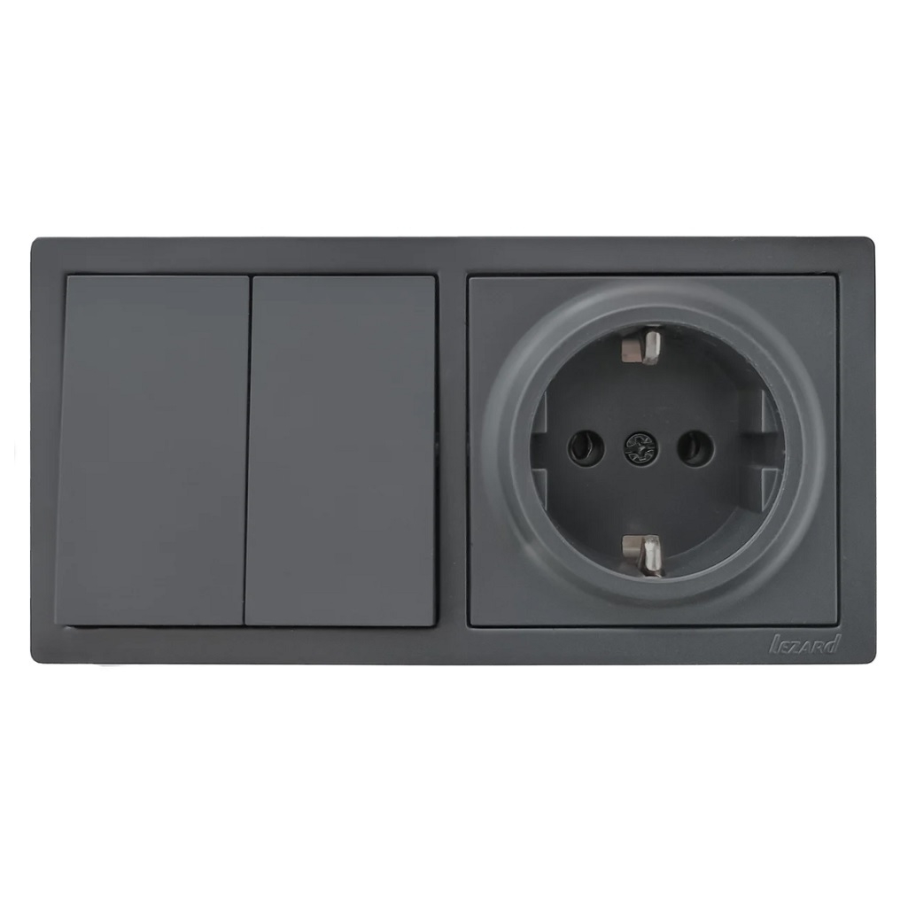 Выключатель двойной и розетка Lezard Leto 752-3400-170BKP, с заземлением, накладной монтаж, графит