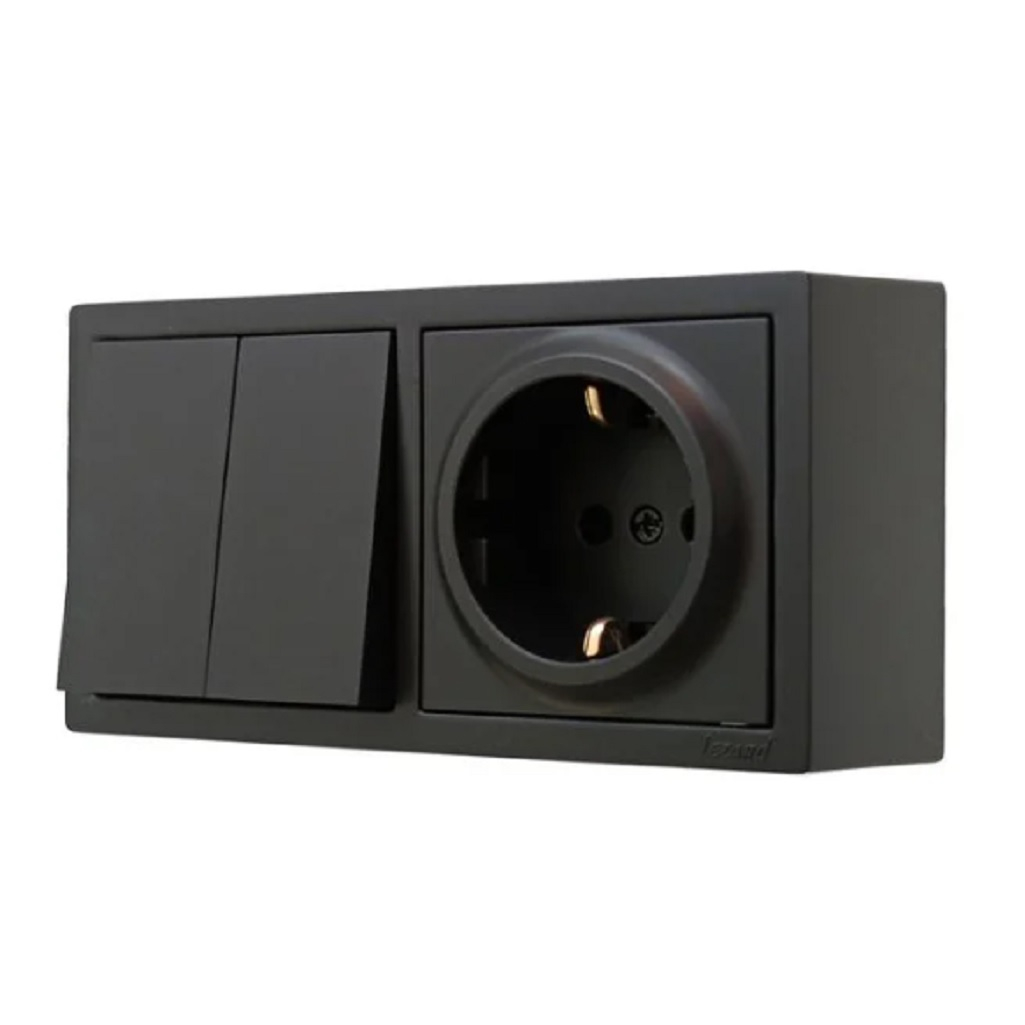 Выключатель двойной и розетка Lezard Leto 752-4200-170BKP с заземлением, чёрный бархат