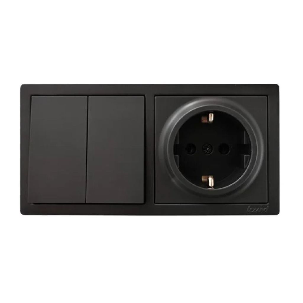 Выключатель двойной и розетка Lezard Leto 752-4200-170BKP с заземлением, чёрный бархат