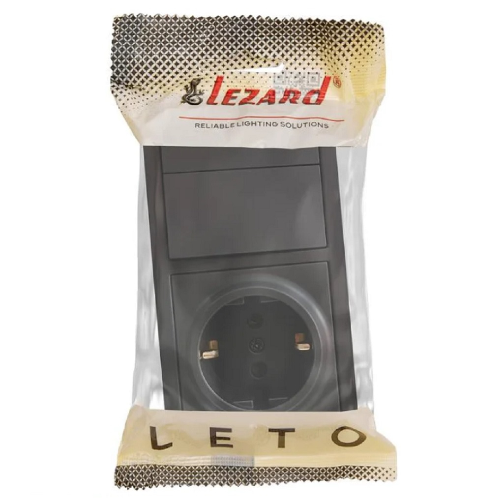 Выключатель двойной и розетка Lezard Leto 752-4200-170BKP с заземлением, чёрный бархат