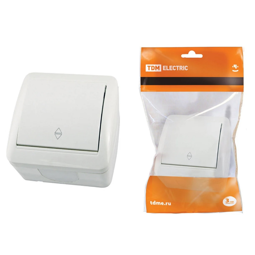 Переключатель проходной Селигер TDM SQ1818-0011, 1 клавиша, открытой установки, белый