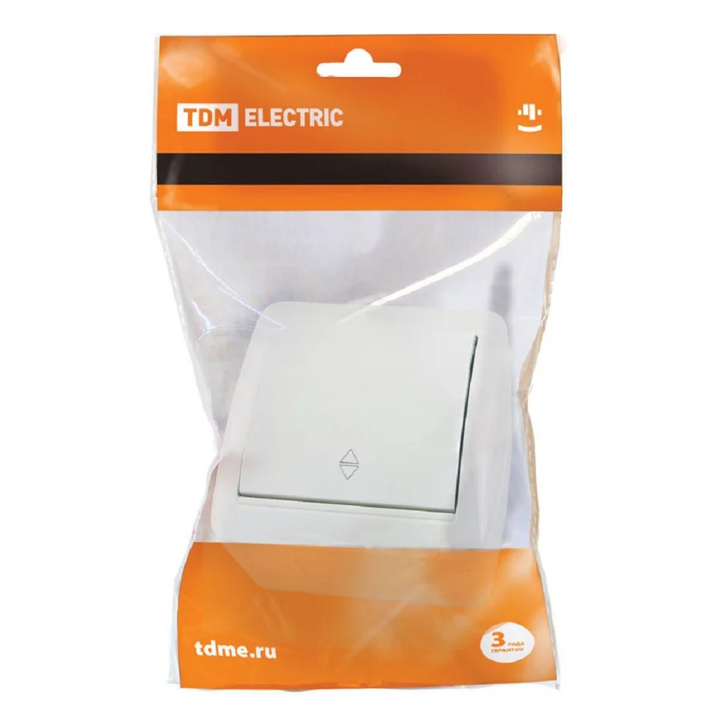 Переключатель проходной Селигер TDM SQ1818-0011, 1 клавиша, открытой установки, белый
