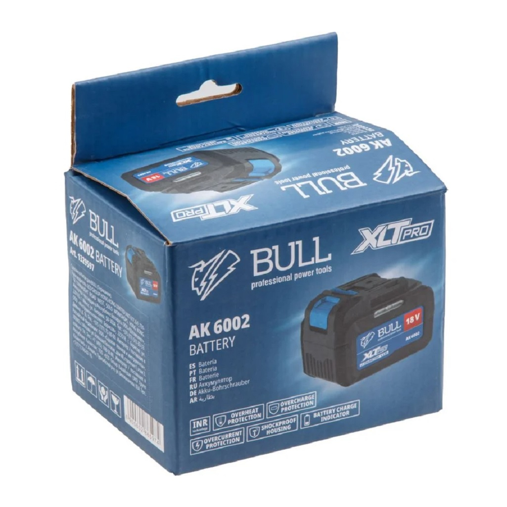 Аккумулятор Bull AK 6002, 18В, 6.0 Ah, Li-Ion, слайдер, индикатор заряда, черный