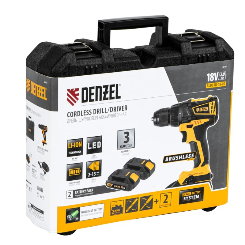Дрель-шуруповерт аккумуляторная Denzel BLDL-18-02, 2 аккумулятора и зарядное устройство в комплекте