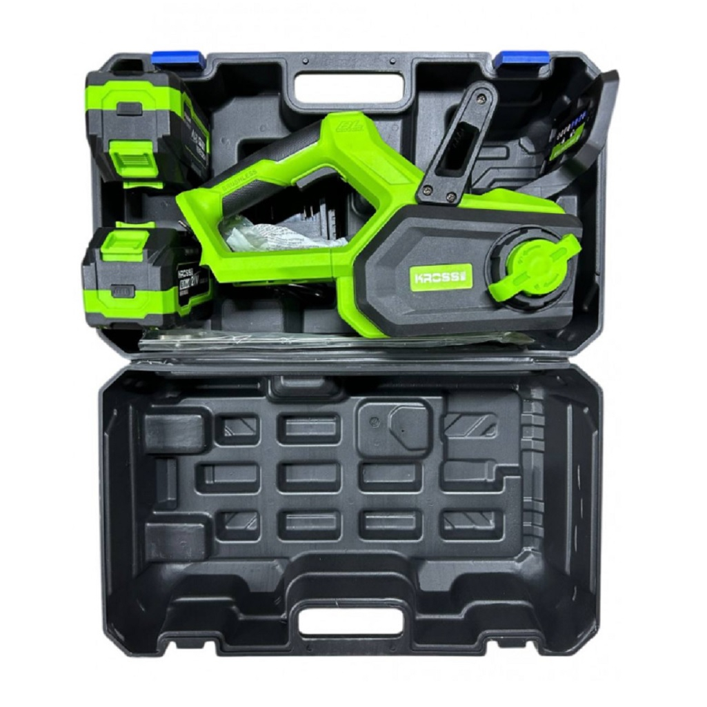 Пила аккумуляторная Kross 21V-12 Green, бесщеточный двигатель, 2 акк. х 6,0Ah+з.у.