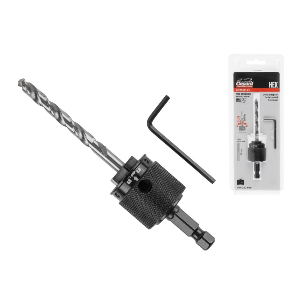 Переходник быстросъемный Gepard HEX GP2502-01, шестигранник, для коронок биметаллических, со сверлом