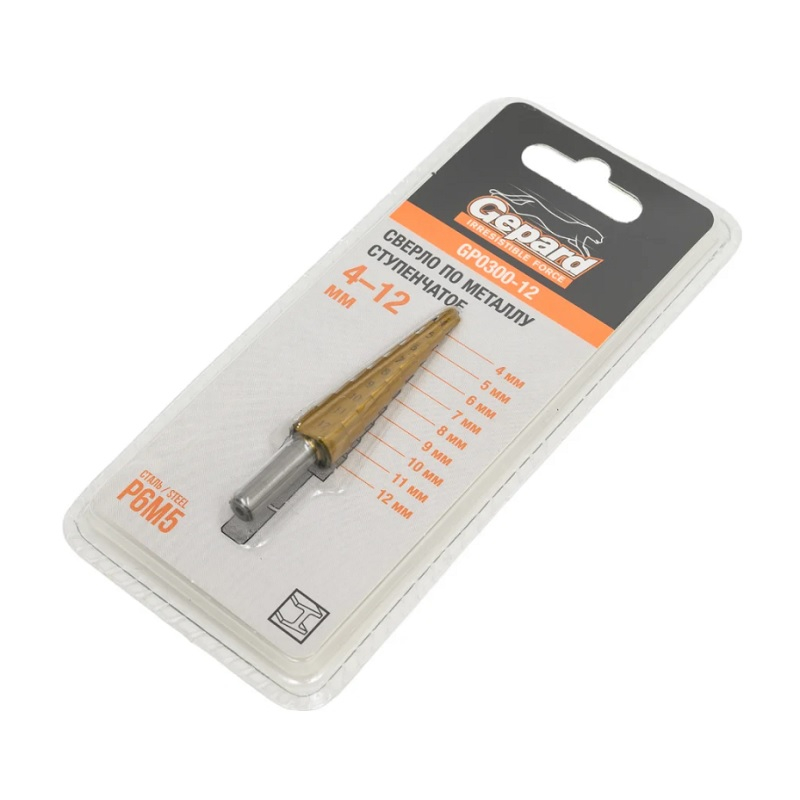 Сверло по металлу Gepard, 4-12 мм, ступенчатое, хвостовик цилиндрический