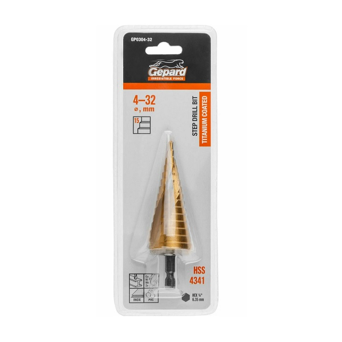 Сверло по металлу Gepard 4-32 мм GP0304-32, ступенчатое, хвостовик 6-гранный