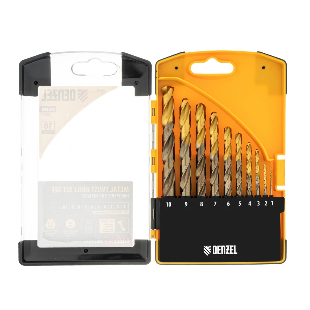 Набор сверл по металлу Denzel 723005, 10 шт, спиральное, хвостовик цилиндрический