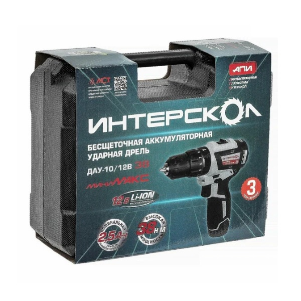 Аккумуляторный шуруповерт ударный Интерскол ДАУ-10/12В 38 12В, 2акк, 2.5Ah+з.у. 767.2.2.45