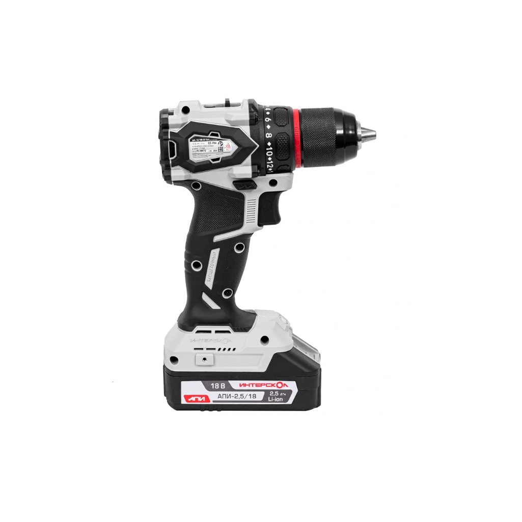 Дрель-шуруповерт аккумуляторная Интерскол ДА-13/18В 55, бесщеточная, 2 аккумулятора 2.5 Ah, зарядное устройство