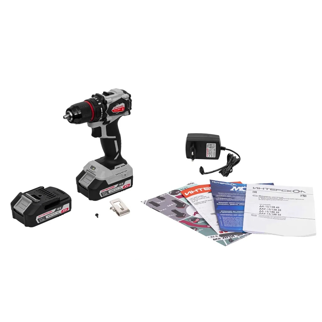Дрель-шуруповерт аккумуляторная Интерскол ДА-13/18В 55, бесщеточная, 2 аккумулятора 2.5 Ah, зарядное устройство