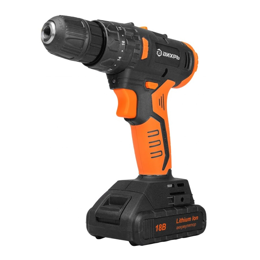 Дрель-шуруповерт Вихрь ДА-18Л-2КУ/Б 2.0 А/ч, аккумуляторная, бесщеточный двигатель