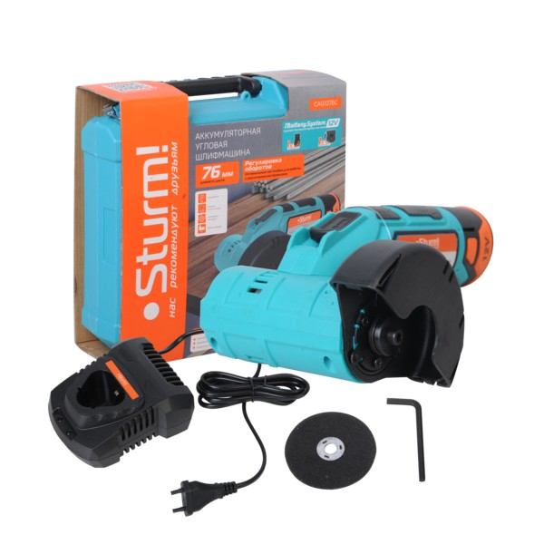Аккумуляторная угловая шлифовальная машинка Sturm CAG1276C, 1 аккумулятор и зарядное устройство в комплекте