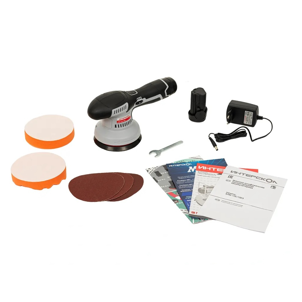 Машина полировальная эксцентриковая аккумуляторная Интерскол АПМ-125/12ВЭ, 2 аккумулятора 2.0 Ah, зарядное устройство