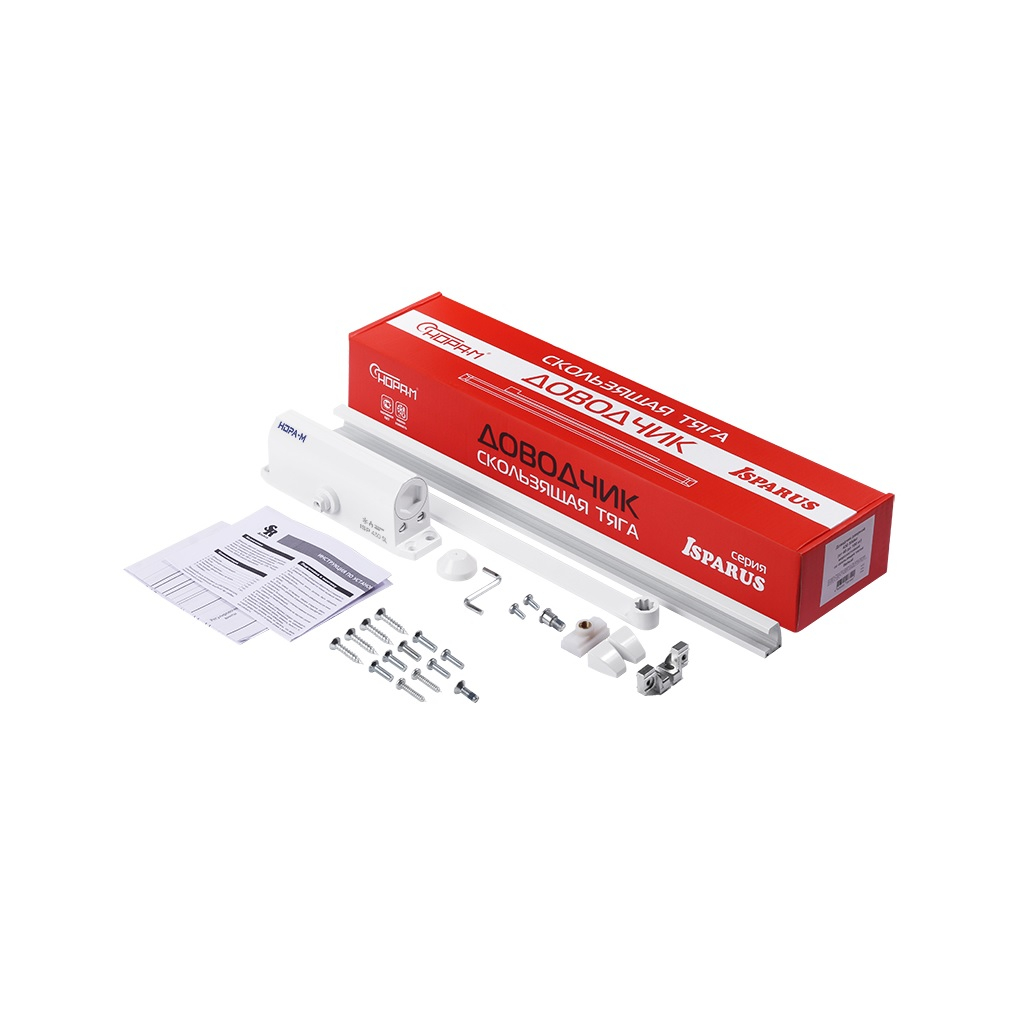 Доводчик дверной со скользящей тягой Нора-М Isparus 430 Slider морозостойкий, дверь от 40 до 100 кг, белый, 18775