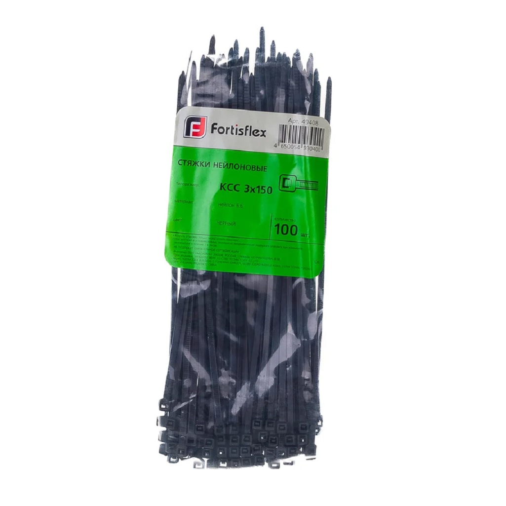 Стяжка кабельная Fortisflex КСС 49408 нейлон 3х150 мм, упаковка 100 шт, черный