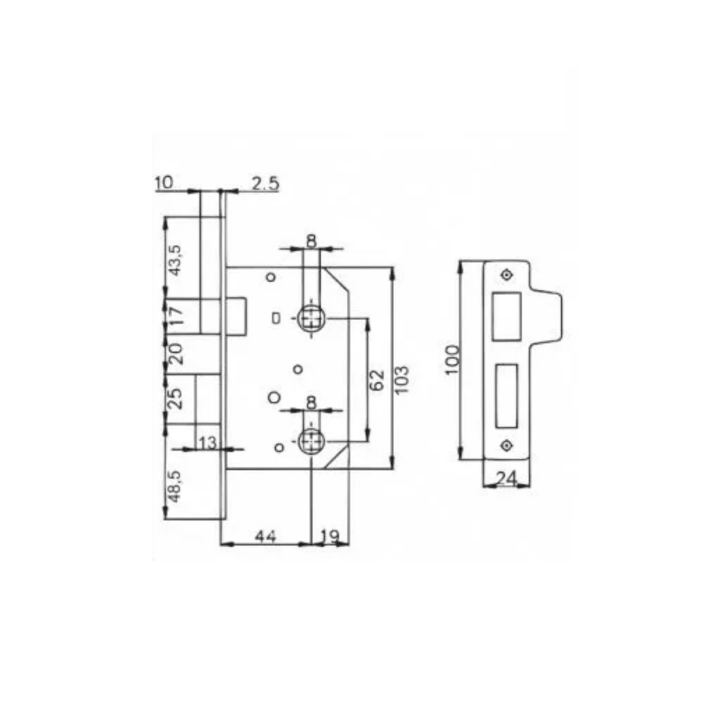 Замок врезной Maxi Locks 504W-60.5 мм, с фиксатором, AB, бронза