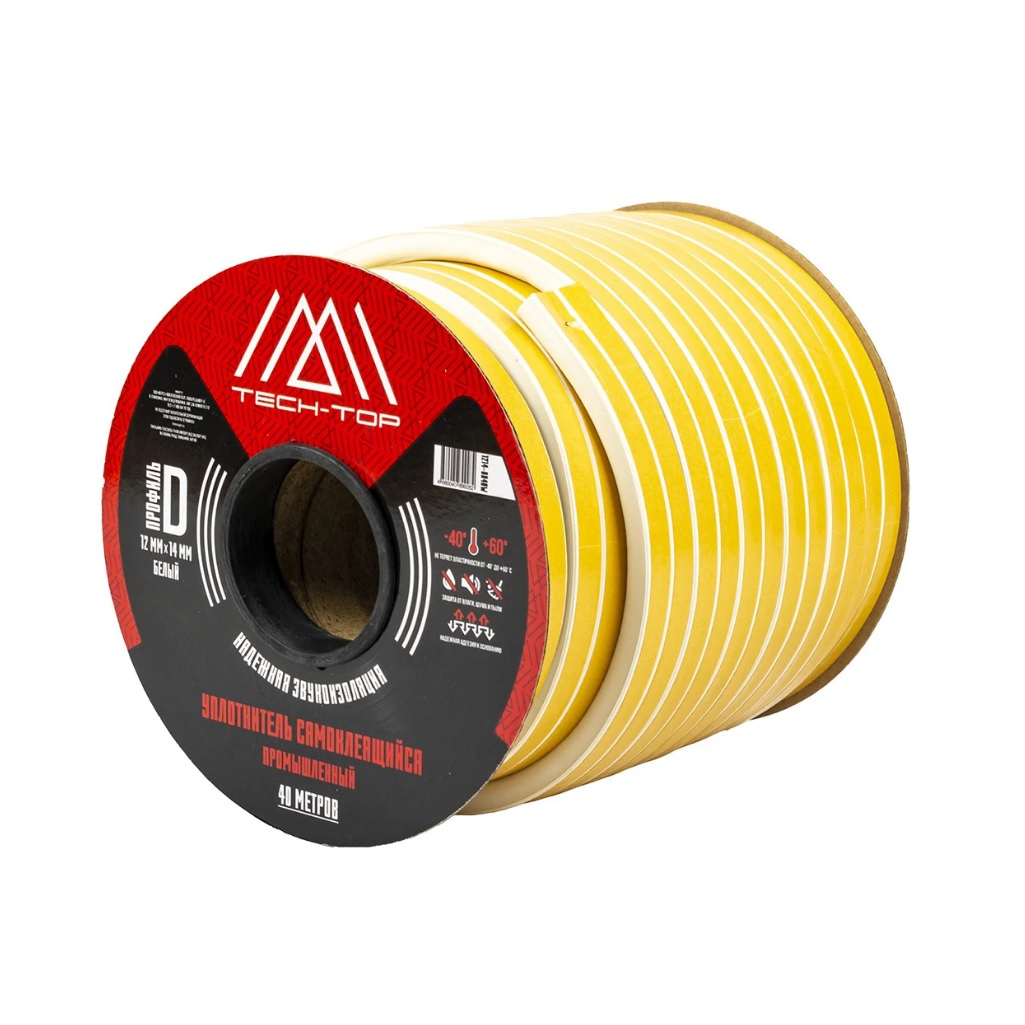 Уплотнитель TECH-TOP промышленный, самоклеящийся, D-профиль, белый, 12х14 мм 205989