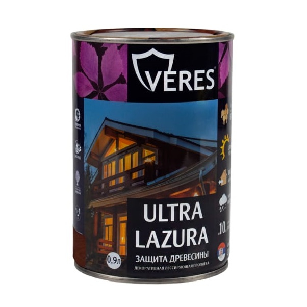 Пропитка Veres Ultra Lazura №4 шелковисто-глянцевый, орех, 0.9л
