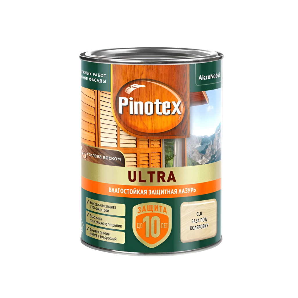 Лазурь Pinotex Ultra для древесины полуглянцевая влагостойкая база CLR 0,9л