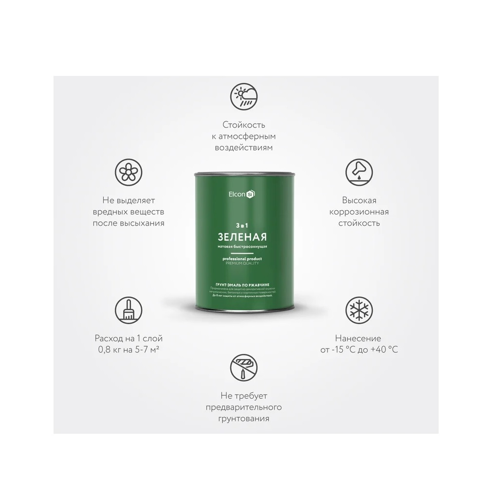 Грунт-эмаль Elcon 3 в 1 по ржавчине, матовая, зеленая, 0.8 кг