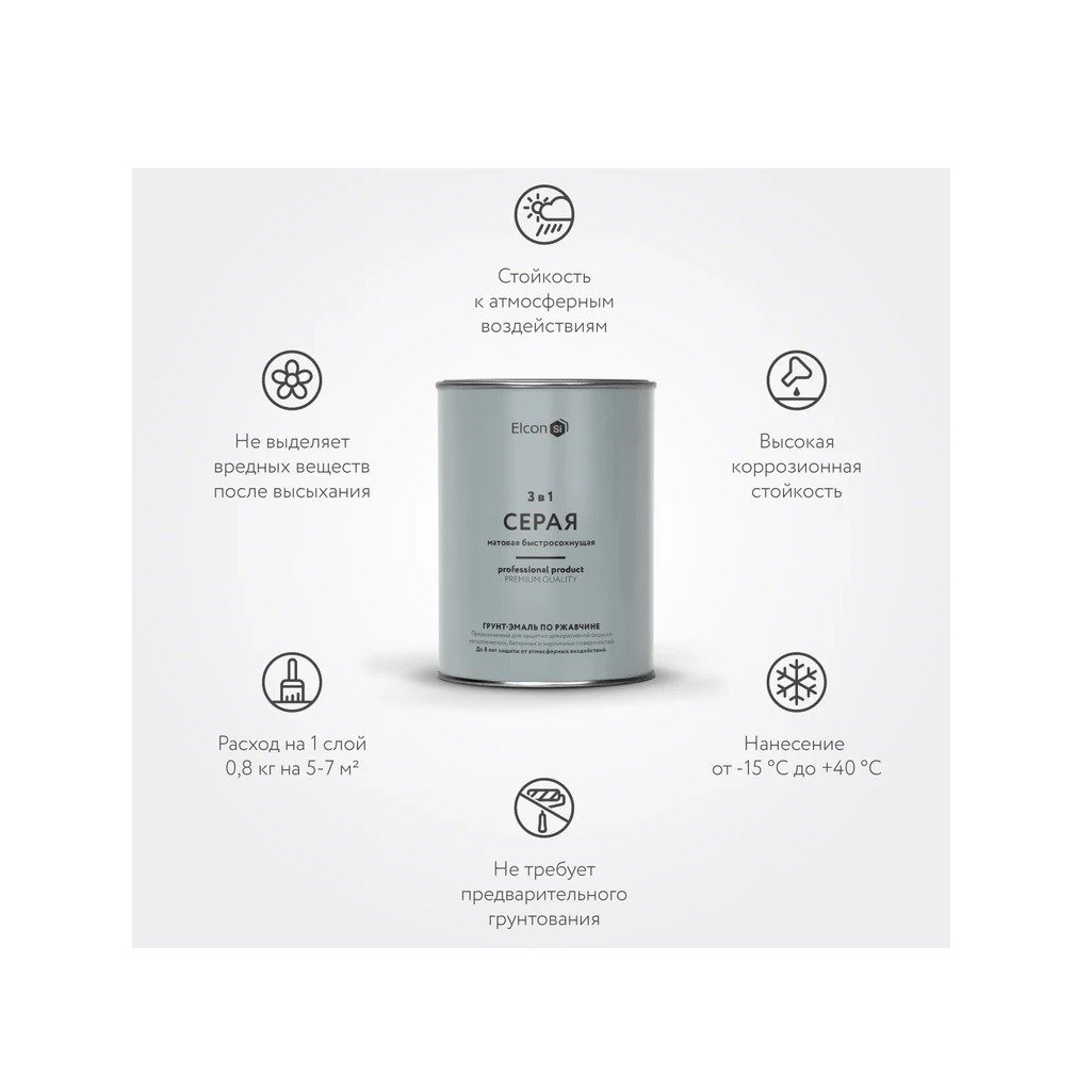 Грунт-эмаль Elcon 3 в 1 по ржавчине, для внутренних и наружных работ, матовая, серая, 0.8 кг