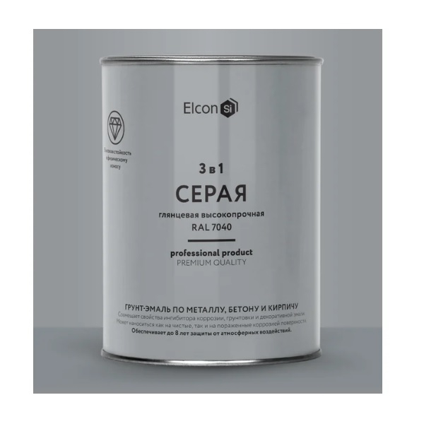 Грунт-эмаль Elcon 3 в 1, по ржавчине, глянцевая серая RAL 7040, 0.8 кг