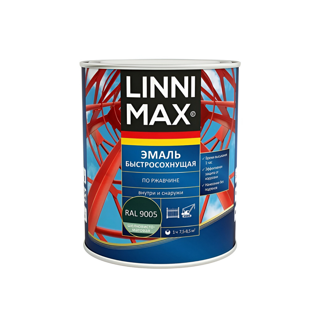 Эмаль Linnimax по ржавчине, шелковисто-матовая, черная RAL 9005, 0.75 л