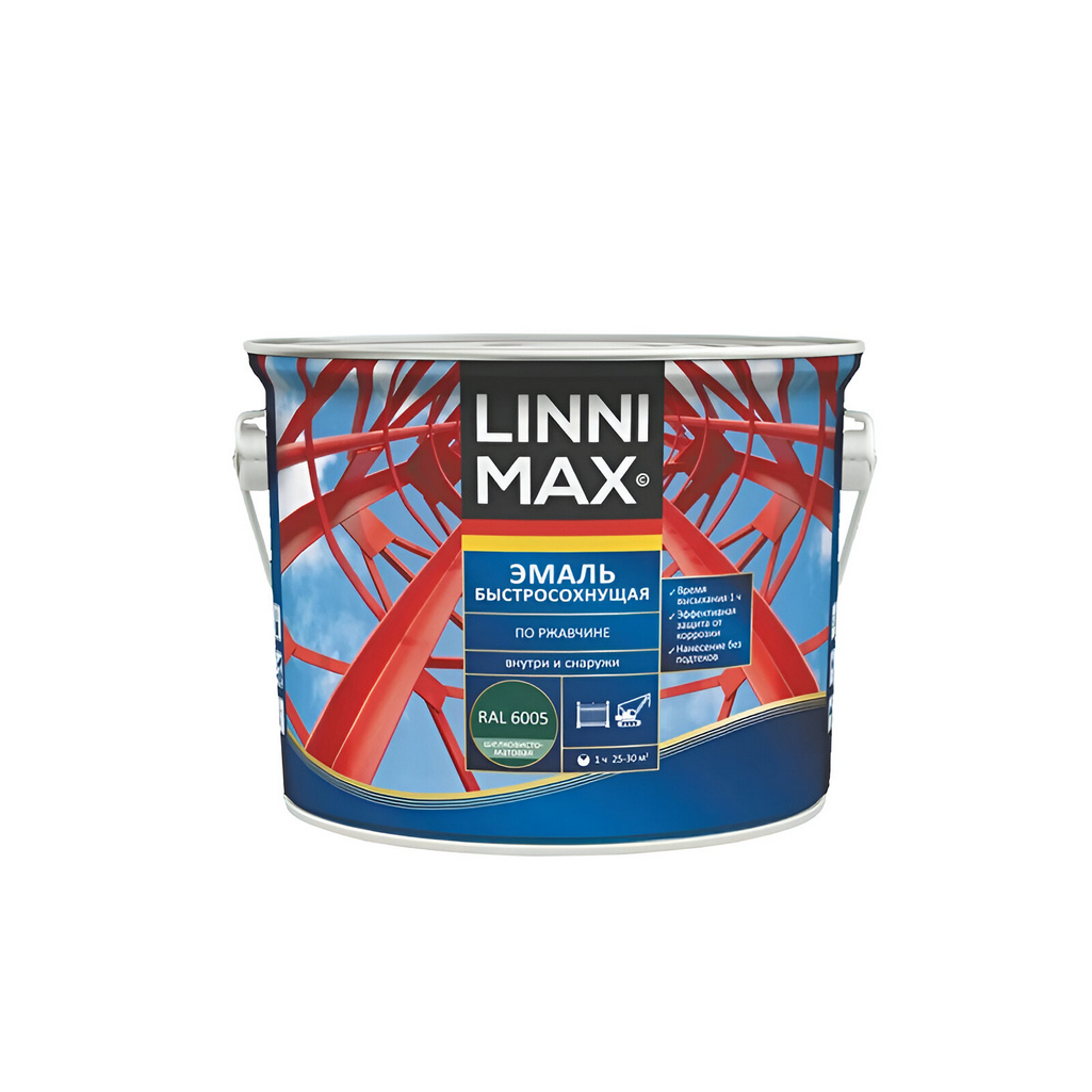 Эмаль Linnimax по ржавчине, шелковисто-матовая, зеленая RAL 6005, 2.5 л