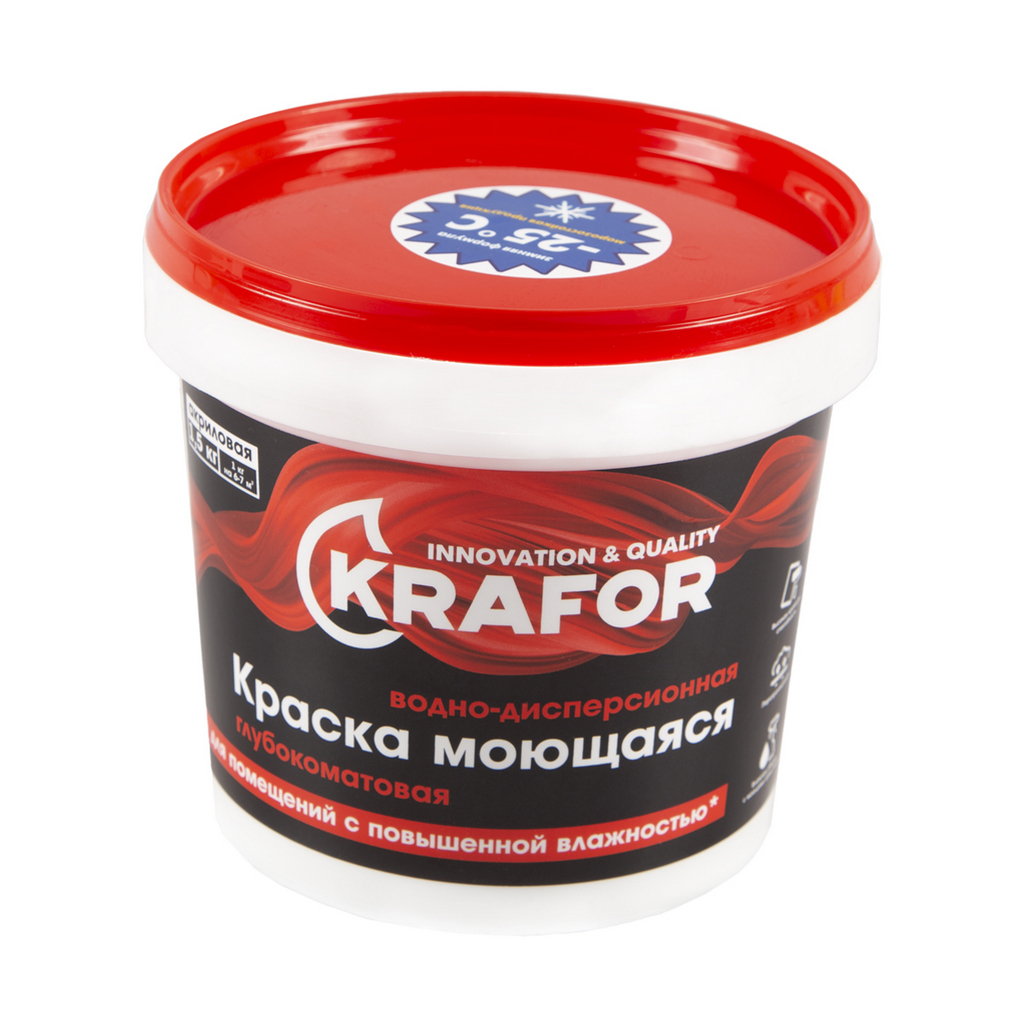 Краска Krafor, интерьерная, глубокоматовая, моющаяся, белая, 1.5 кг