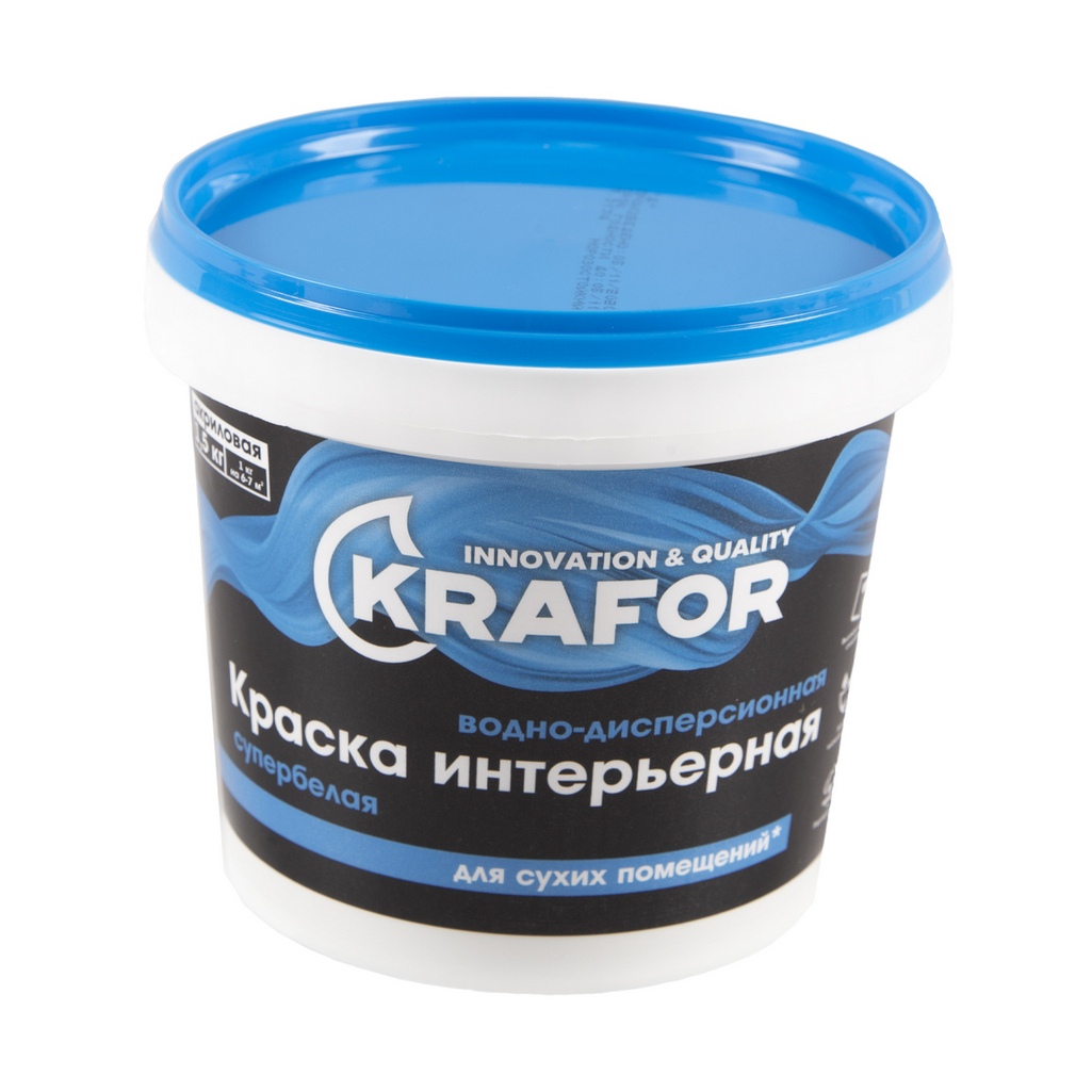 Краска Krafor, интерьерная, для стен и потолка, матовая, супербелая, 1.5 кг