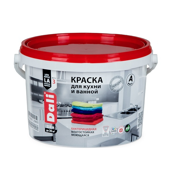 Краска DALI для кухни и ванной, бактерицидная влагостойкая моющаяся, База А белая 2.5 л