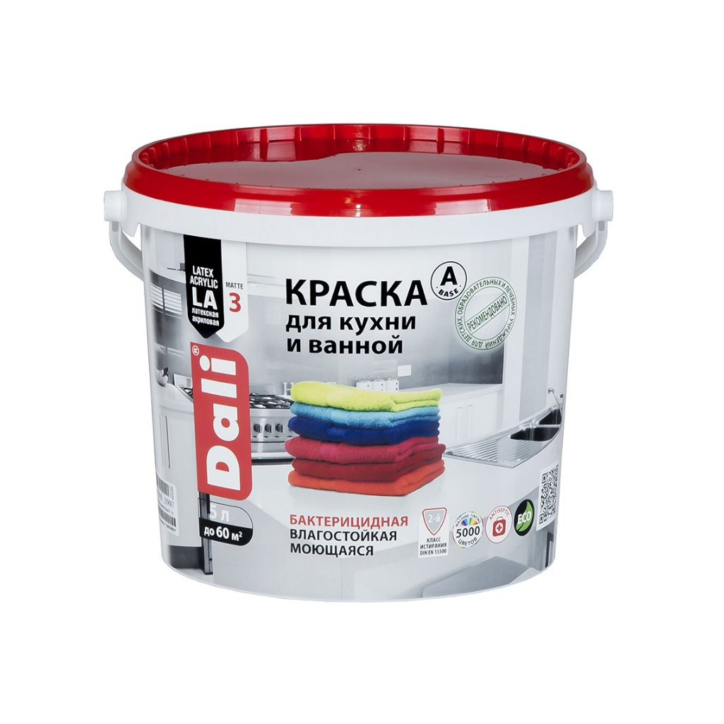 Краска латексная DALI для кухни и ванной бактерицидная влагостойкая моющаяся, База А белая 5 л