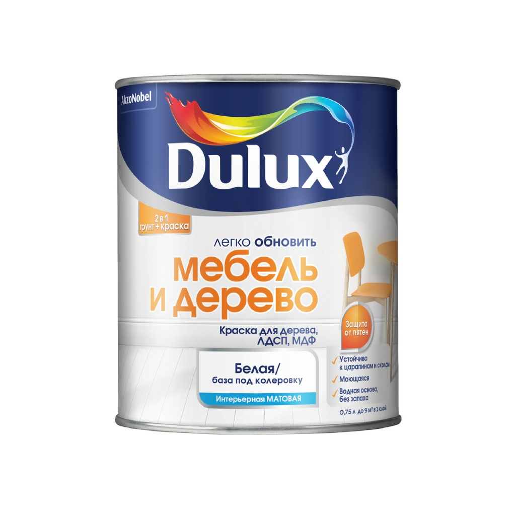 Краска Dulux мебель и дерево, 2 в 1, интерьерная, матовая, База 1, 0.75 л