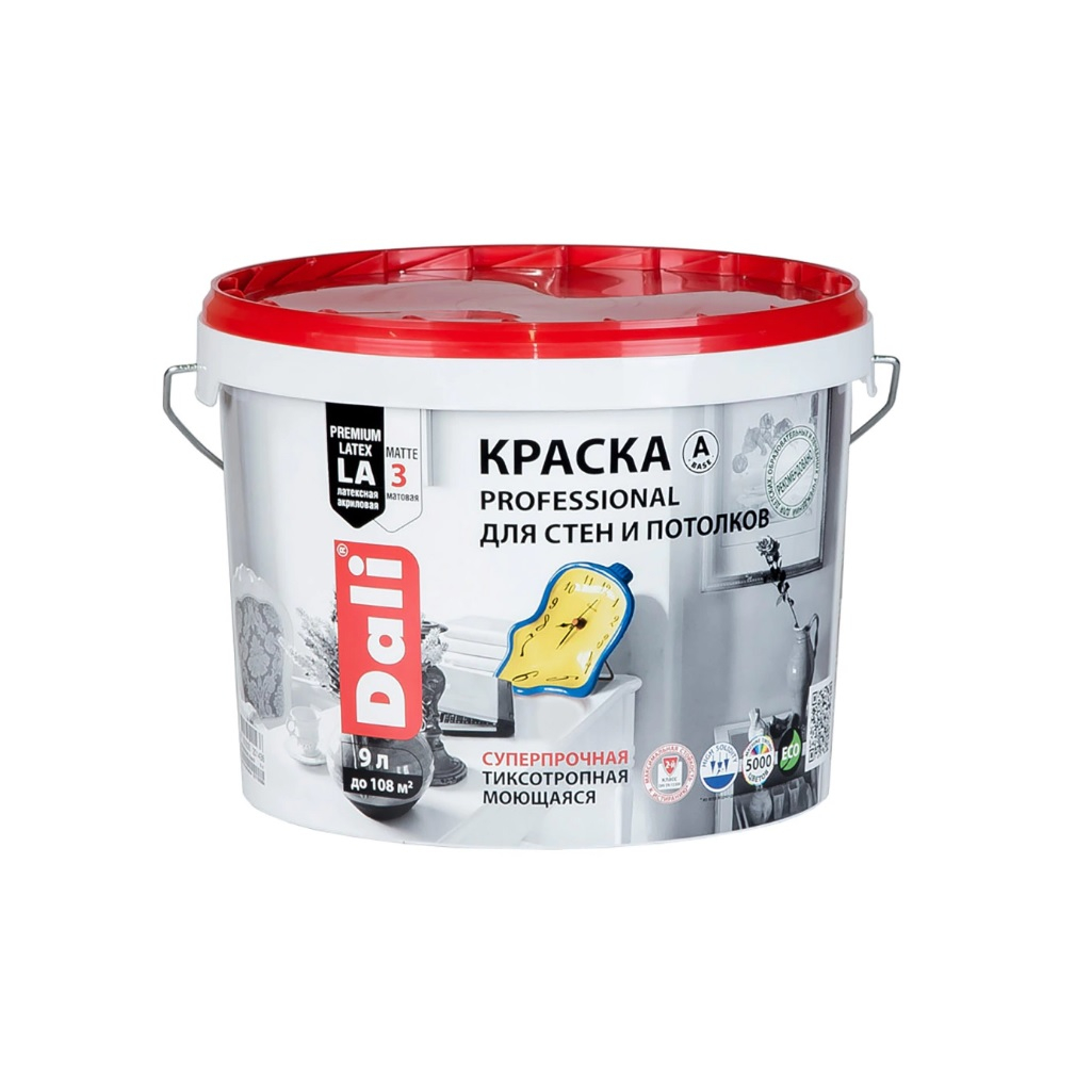 Краска DALI professional для стен и потолков суперпрочная тиксотропная моющаяся, База А белая 9л 19999