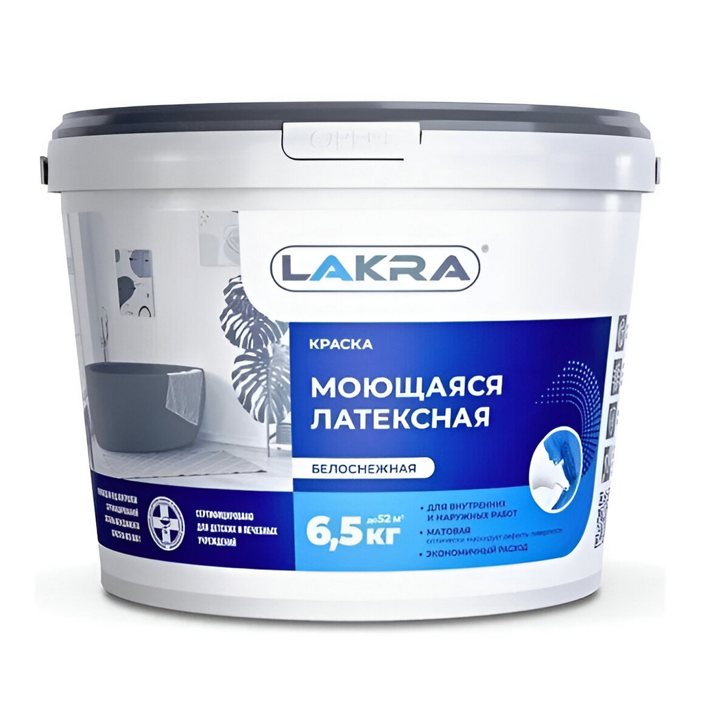 Краска латексная Лакра для внутренних и наружных работ моющаяся, матовая, белоснежная 6.5кг