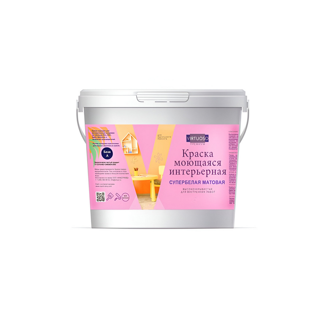 Краска Virtuoso Premium, моющаяся, влагостойкая, матовая, супербелая, база А 1.5 кг