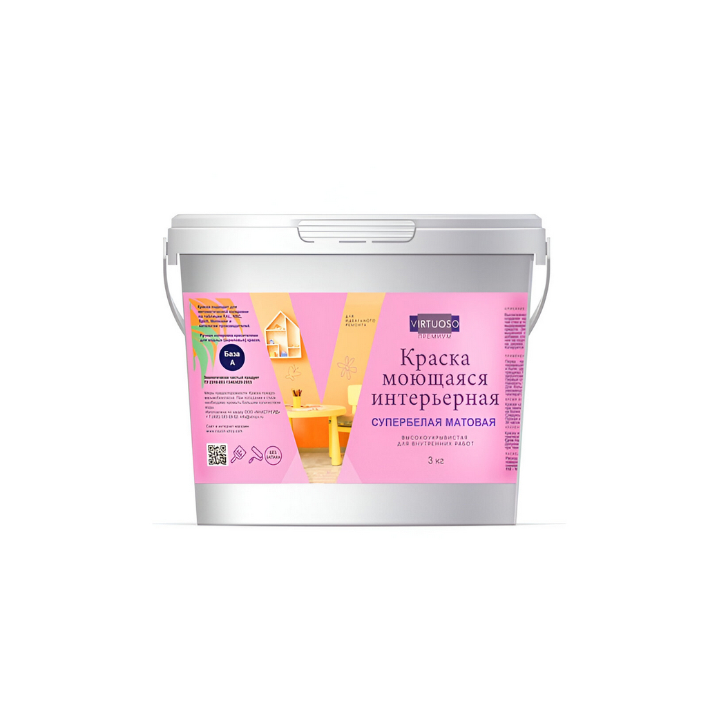 Краска Virtuoso Premium моющаяся, матовая, супербелая, база А, 3 кг