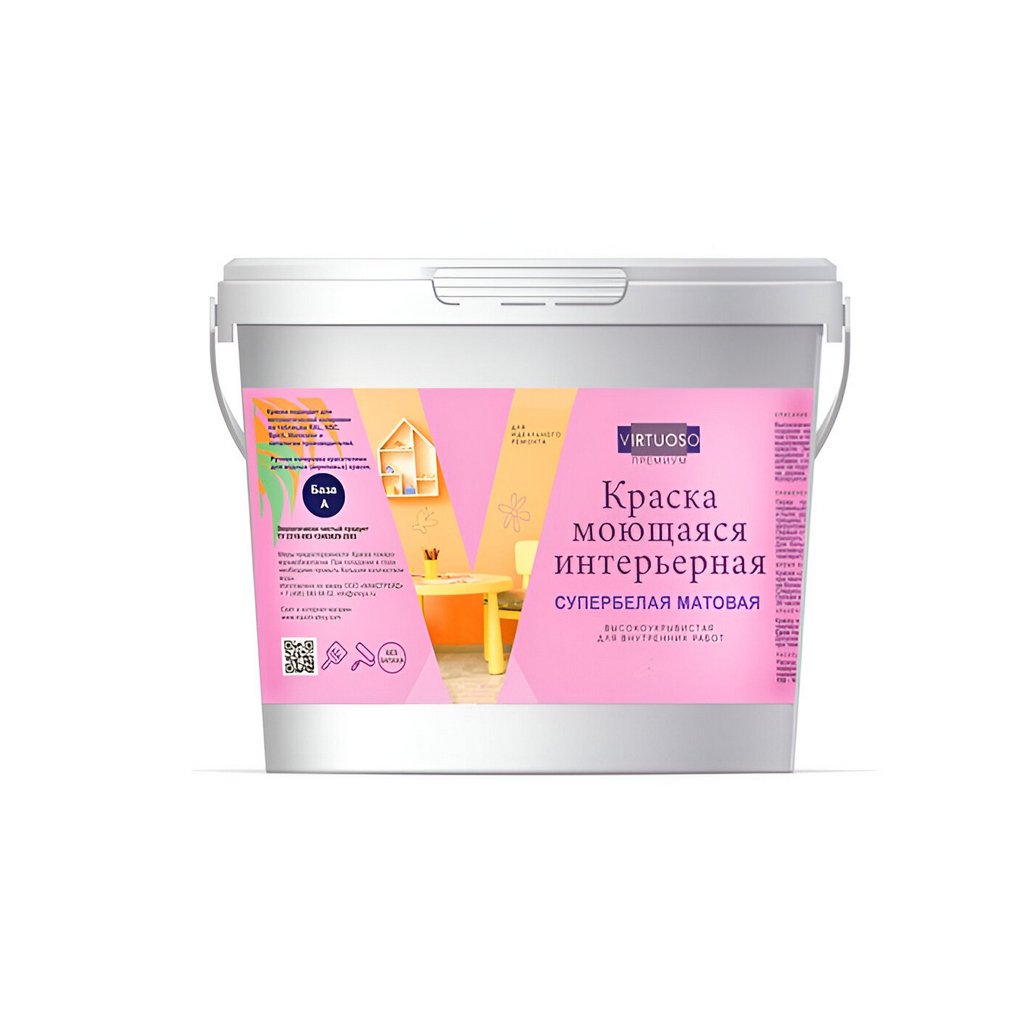 Краска Virtuoso Premium, моющаяся, влагостойкая, матовая, супербелая, база А, 7 кг