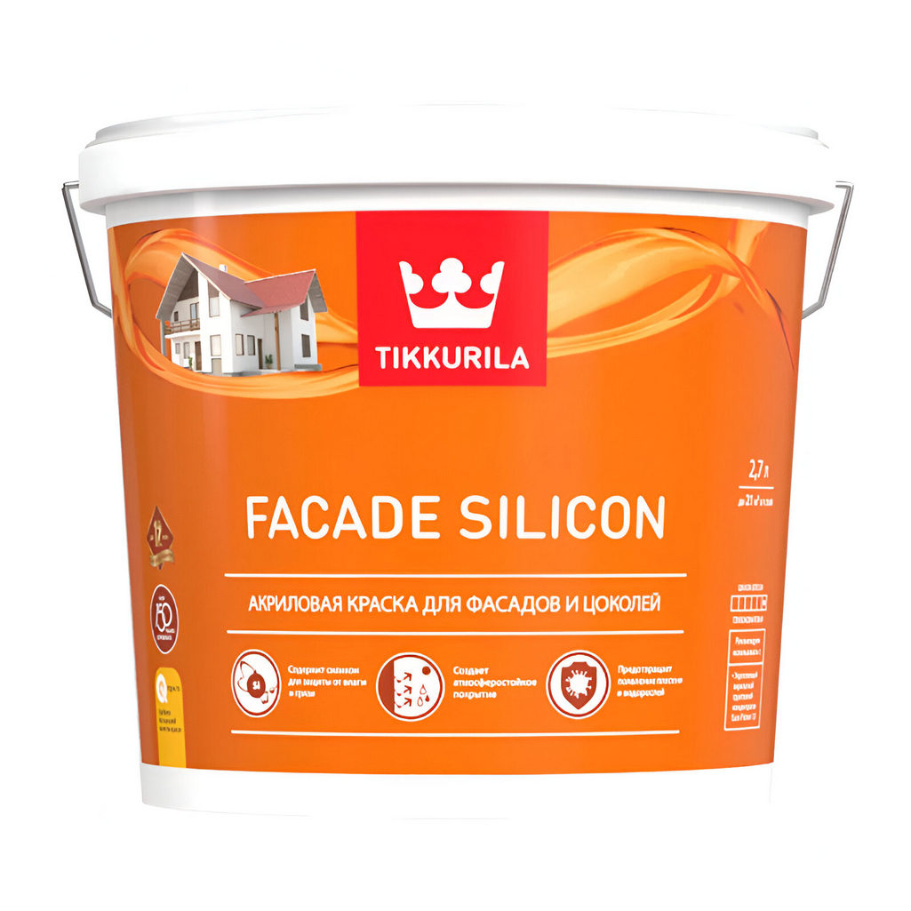 Краска Tikkurila Facade Silicon, акриловая, для фасадов и цоколей, матовая, база С, 2.7л