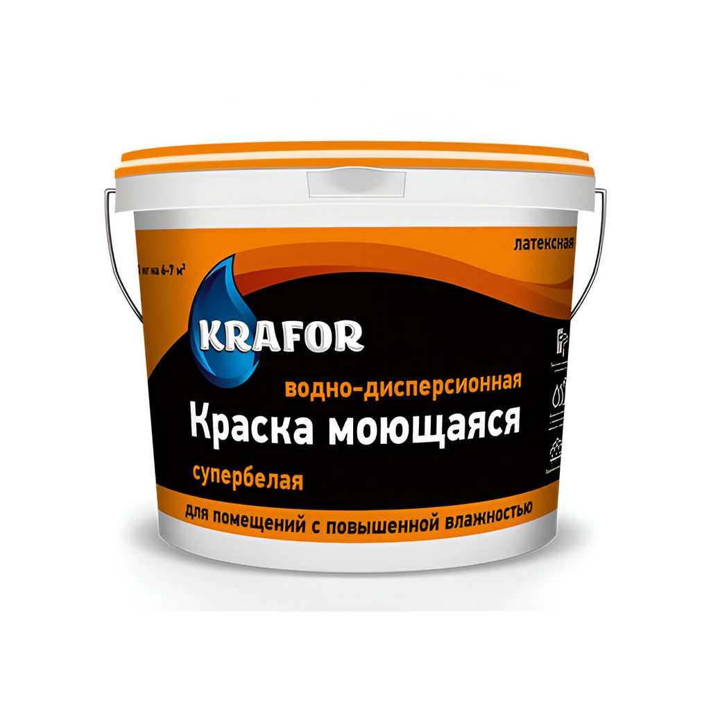 Краска Krafor ВД интерьерная латексная моющаяся, матовая, супербелая, 3 кг