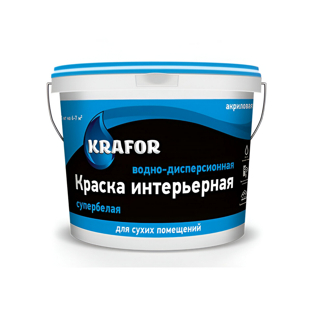 Краска Krafor, для внутренних работ, интерьерная, матовая, супербелая, 3 кг